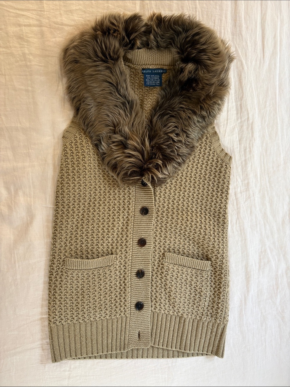 Ralph Lauren Blue Label Tan Knit Sleeveless Cardigan w/ Shearling Shawl - Picture 4 of 9